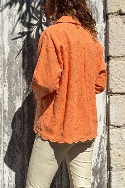 Güneşkızı Cămașă din bumbac cu broderie în formă de tiviu de fustă, lavată portocalie 60 50