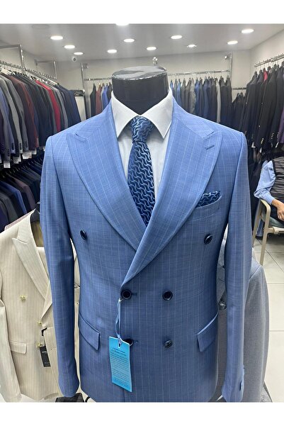 MASSARO %100 Wool %100 Quality, Men's K Double-Breasted Flafi̇l Striped Suit