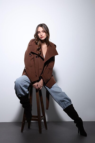 Antioch Brown Mock Neck Double-Breasted Women's Coat