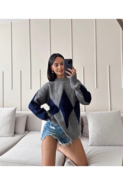 LUMİ Women's Oversized Knitwear Cardigan |   Baklava Patterned Brown-Black