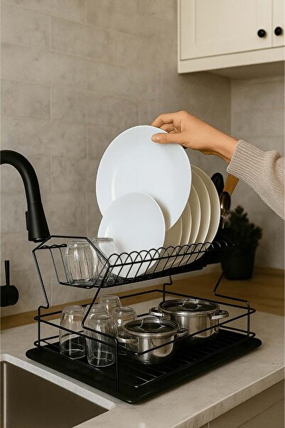 Jenisa Paslanmaz Metal 2 Katlı Modern Bulaşık Kurutma Rafı – Tezgah Üstü Orga...