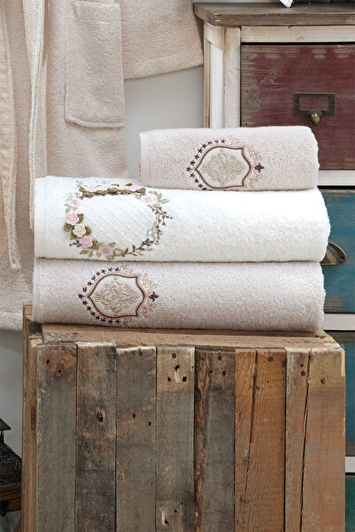 Fiesta | Queen Liza | 3D Nakışlı | %100 Bambu | 6 Parça | Çeyizlik | Krem-Bej | Aile Banyo Seti