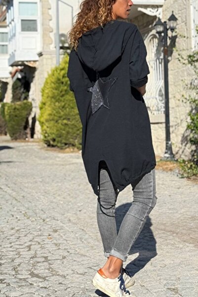 Güneşkızı Черна качула, подплатена пола, връзки на подгъва, апликация със звезди, памучна ежедневна яке 90 65