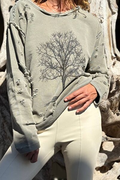 Güneşkızı Khaki Ağaç Printed Washed Distressed Detailed Embroidered 2 Thread Non-Sharandon Casual Sweatshirt 70 55
