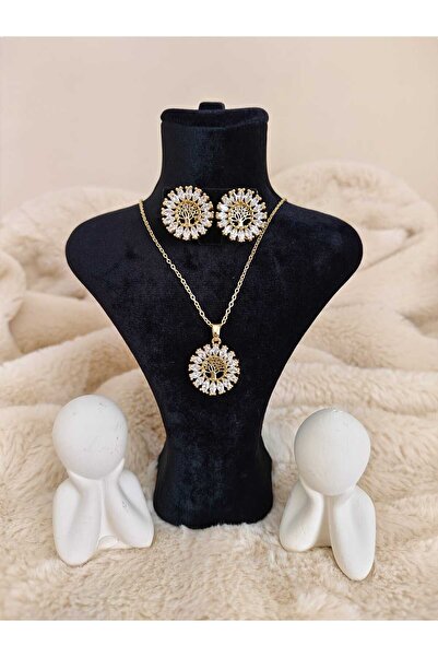 Stainlless Steel Zirkon Taşlı Çelik Gold Hayat Ağacı Kolye ve Küpe Seti