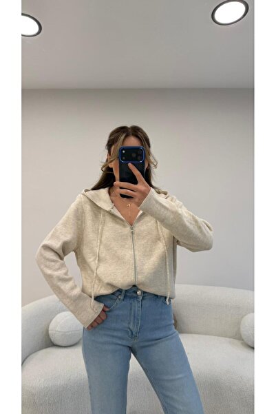 Şulenin Butiği FERMUARLI KAPŞONLU HIRKA EKRU