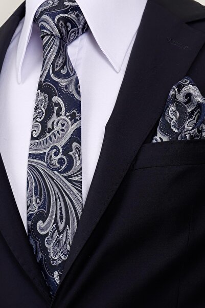 Esgue 8 cm Hand Made Navy Blue - Gray Patterned Handkerchief Tie