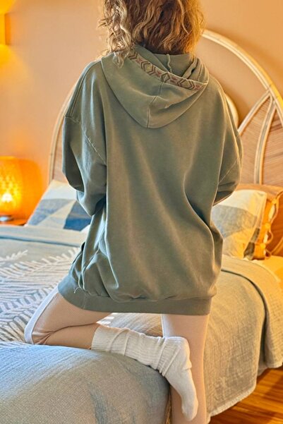 Güneşkızı Khaki Hooded Kangaroo Pocket Ethnic Detailing Two-Thread Loose Sweatshirt 80 55