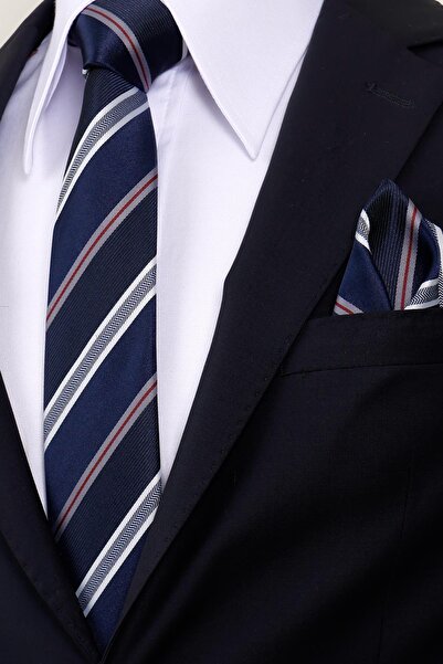 Esgue 8 cm Hand Made Navy Blue - White Striped Pattern Handkerchief Tie
