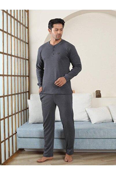 ALİMER Ανδρικό Σετ Πιτζάμες - Ανθρακί ριγέ χειμερινό ιντερλοκ 1221UK