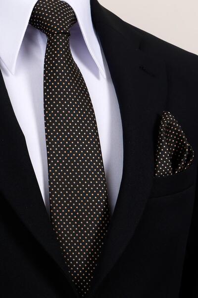Esgue 8 cm Hand Made Black - Beige Dot Patterned Handkerchief Tie
