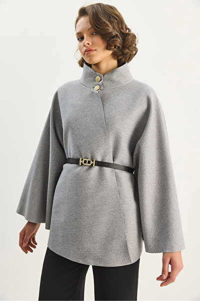 Bianco Lucci Women's Gold Button Detailed Mock Neck Belted Poncho 60282033