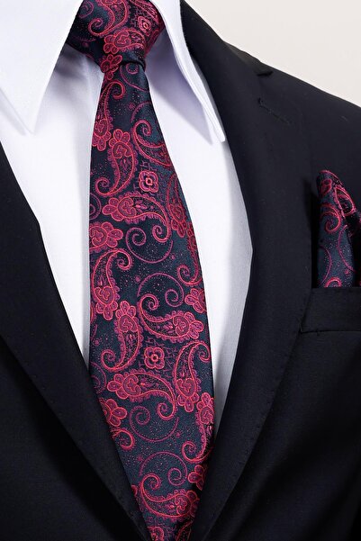 Esgue 8 cm Hand Made Navy Blue - Purple Shawl Pattern Handkerchief Tie