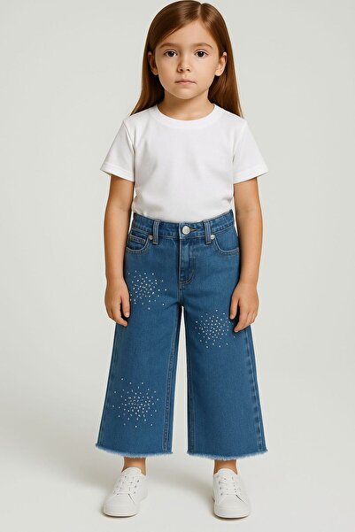 GULLİS KİDS بنطلون بناتي واسع الساق من تاكت مطبوع مع تفاصيل شق مزينة بالشراشيب