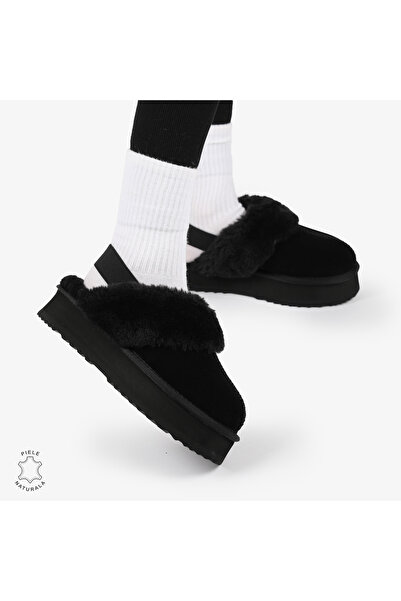 ANGEL BLUE WOMEN'S WINTER SLIPPERS made of GENUINE LEATHER WITH ELASTIC AT THE BACK CRL12691 COLOR Black