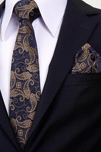 Esgue 8 cm Hand Made Navy Blue - Beige Shawl Pattern Handkerchief Tie