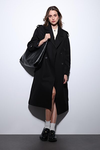 Antioch Black Double-Breasted Belted Women's Trench Coat