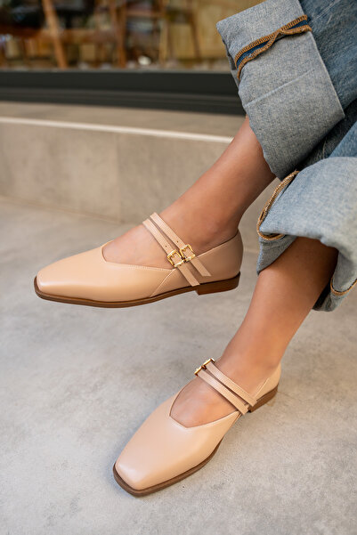 LAMİNTA Jadon Nude Leather Double Buckle Detailed Women's Ballerinas