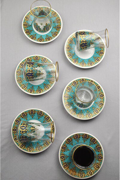 Qualitev 12 Piece Luxury Glass Tea Set for 6 People with Gold Detailing, Gold Color Embroidered Luxury Tea Set