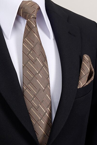 Esgue 8 cm Hand Made Brown - Beige Striped Patterned Handkerchief Tie