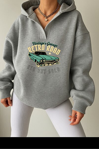 Deocept Unisex Gray V-Neck Hooded Printed Oversized Sweatshirt