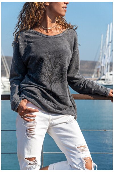 Güneşkızı Anthracite Tree Printed Washed Antique Detailed Embroidered 2 Thread Shardonless Casual Sweatshirt 70 55