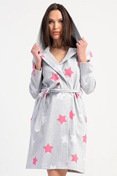 REN Women's cotton hooded long sleeve short 2-thread robe, star b Printed waist-tied, pocketed