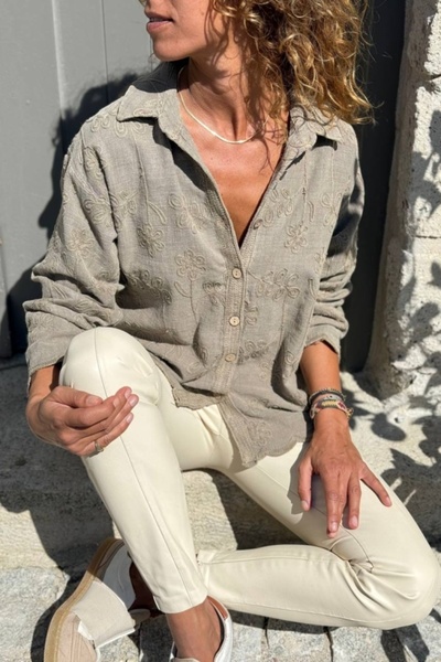 Güneşkızı Bronze Color Washed Hem-Shaped Embroidered Cotton Shirt 60 50