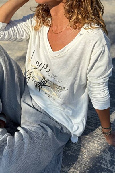 Güneşkızı Ιταλική μπλούζα από βαμβάκι Ecru με λαιμόκοψη σε σχήμα V με απαλή υφή B με τύπωμα 70 50