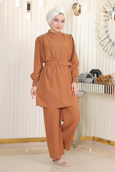 Missvalle Stone Detailed Belted Suit Tan Msw19104-4