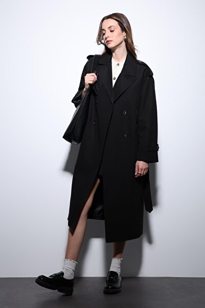 Antioch Black Double-Breasted Belted Women's Trench Coat
