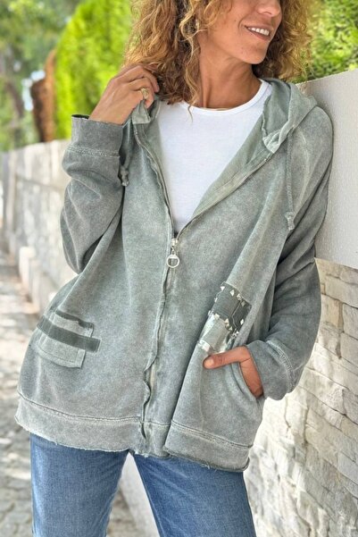 Güneşkızı Italian Khaki K Hooded Zippered Washable Foil B Printed Suede Casual Sweatshirt 65 55
