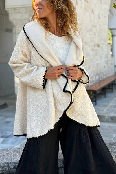 Güneşkızı Italian Ecru Shawl Collar Boucle Casual Jacket with Embroidered Sleeves and Hem 75 55