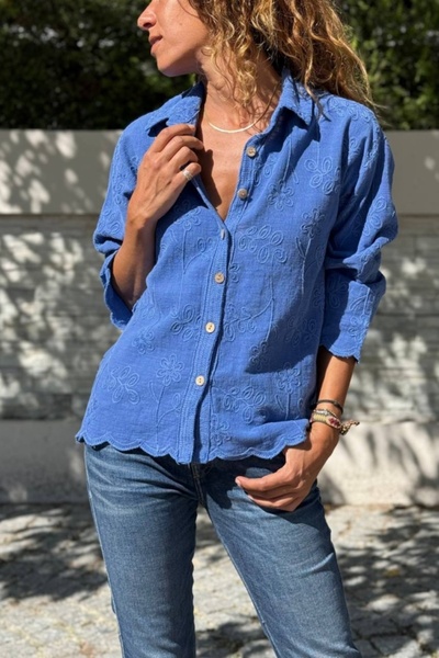 Güneşkızı Cămașă din bumbac cu broderie în formă de tiv, spălată cu indigo 60 50