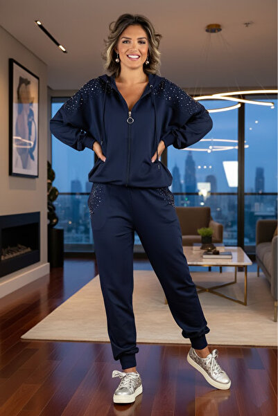 Nevin Kaya Moda Dark Blue Tracksuit with Stone Detail on the Shoulder and Pocket