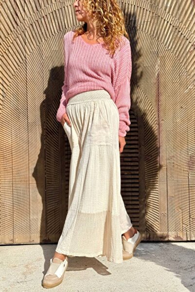 Güneşkızı Beige Pocketed Washable Mesh Detailed Wide Leg Cotton Loose Pants 90 30