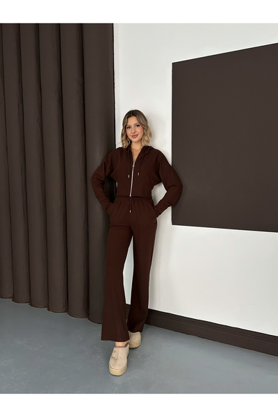MODAMERSİ Women's Brown Thessaloniki Fabric Hooded Cardigan Pants Bottom Top Set