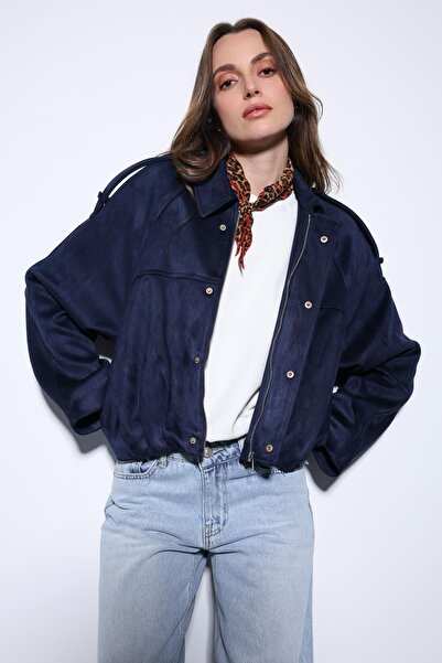 Antioch Navy Blue Suede Look Bomber Women's Coat