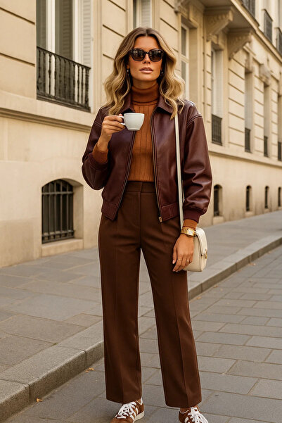 COMBİNE MİCHAİL Γυναικείο φαρδύ παντελόνι casual καφέ παντελόνι palazzo