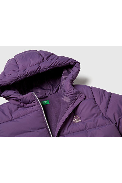United Colors of Benetton Girl's Purple Left Chest Logo Embroidered Pocket K Hooded High Collar Coat