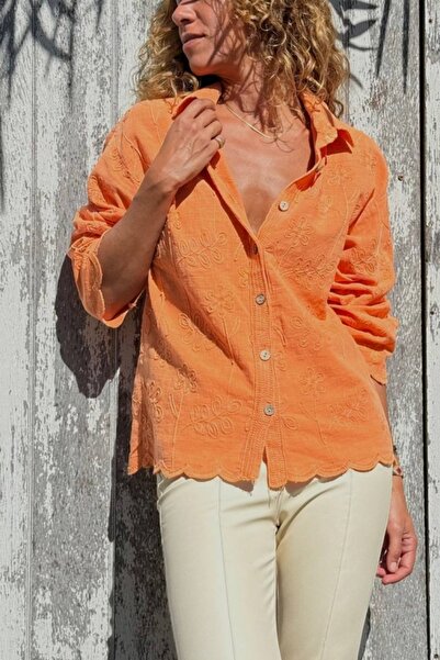 Güneşkızı Cămașă din bumbac cu broderie în formă de tiviu de fustă, lavată portocalie 60 50
