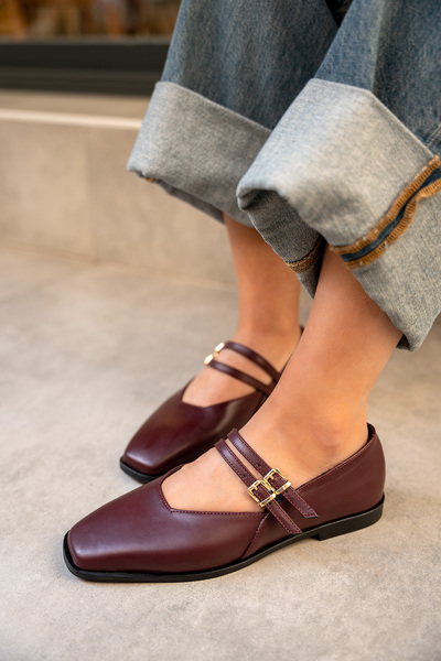 LAMİNTA Jadon Burgundy Leather Double Buckle Detailed Women's Ballerinas