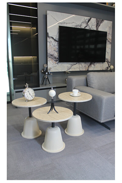 DECORAMİS Milano Zigon Sehpa Traverten Mdf (Komple Krem) - Zigon Sehpa 3'lü