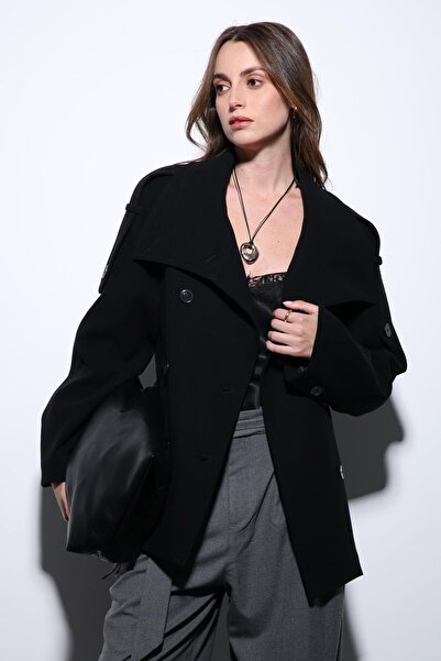 Antioch Black Mock Neck Double-Breasted Women's Coat