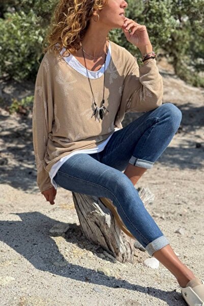 Güneşkızı Pulover casual cu textura moale, cu decolteu barcă, bej italian, cu model de frunze, în interior și în exterior 70 60