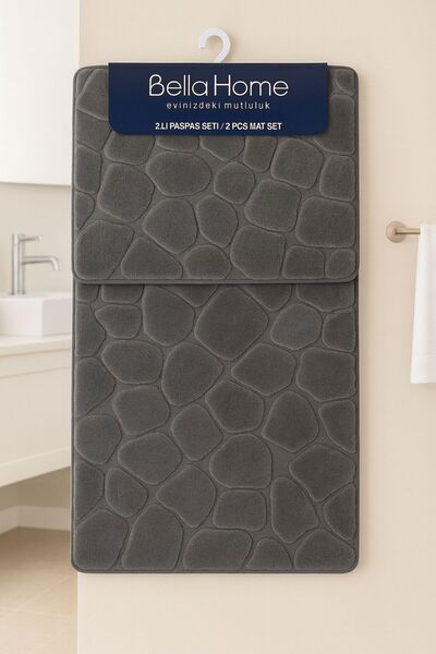 Bella Home 2-Piece Stone Puffy Toilet Seat Set - Washable Non-Slip Dot Base - 60X100 cm 50X60 cm Anthracite
