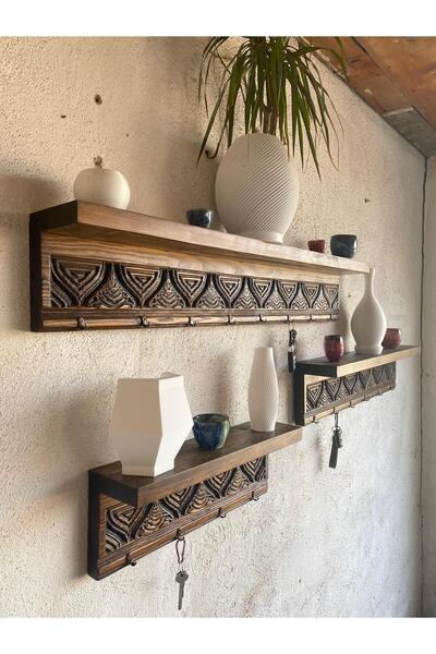 Home Ahşap Oyma Askılıklı Duvar Rafı