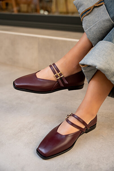 LAMİNTA Jadon Burgundy Leather Double Buckle Detailed Women's Ballerinas