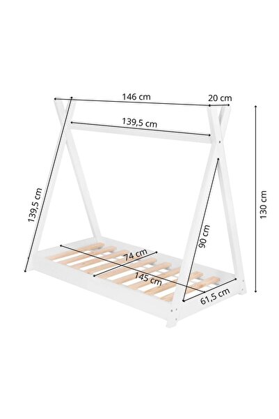 SERSIMO Wooden children's bed, TeePee model, slatted bed included, 61x146x130 cm, white