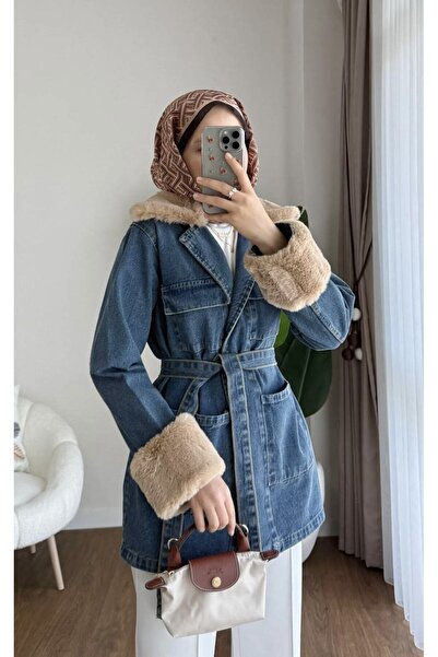 MissPul Τζιν μπουφάν με ζώνη και αφαιρούμενη γούνινη λεπτομέρεια